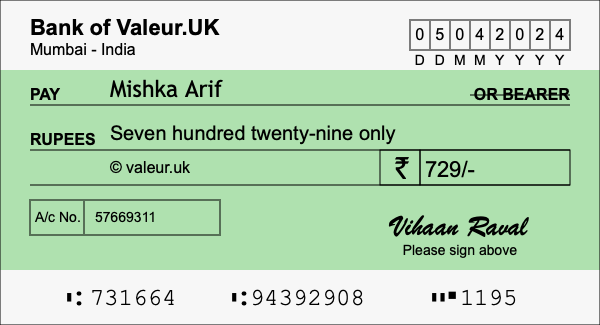 How to write a cheque for 729 rupees