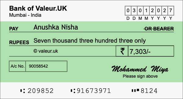 How to write a cheque for 7,303 rupees