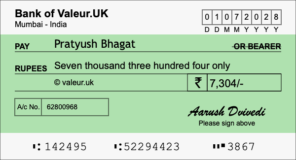 How to write a cheque for 7,304 rupees