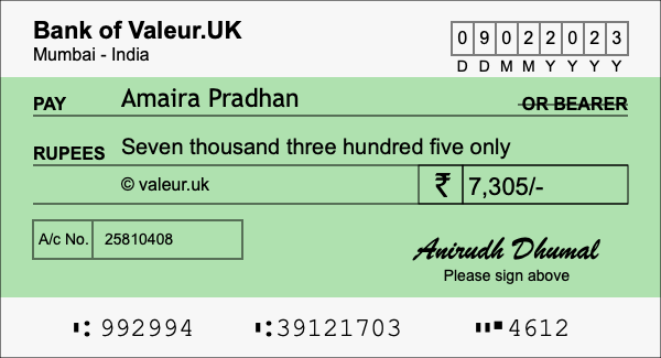 How to write a cheque for 7,305 rupees