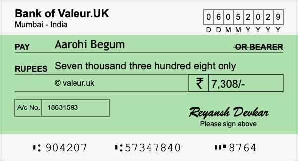 How to write a cheque for 7,308 rupees
