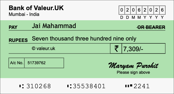 How to write a cheque for 7,309 rupees How to write a cheque for 7,309 rupees