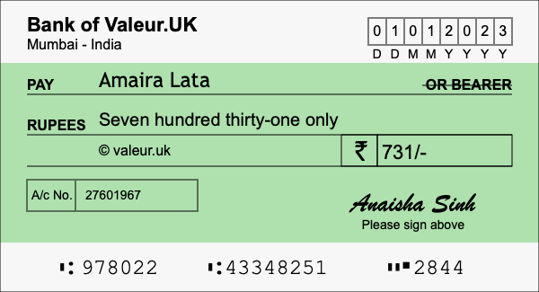 How to write a cheque for 731 rupees