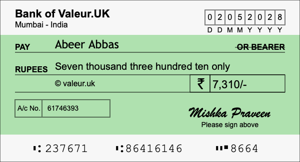 How to write a cheque for 7,310 rupees