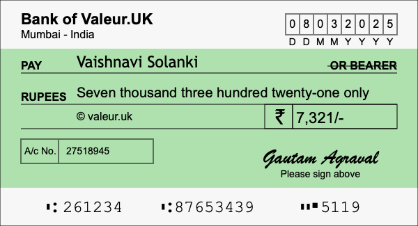 How to write a cheque for 7,321 rupees