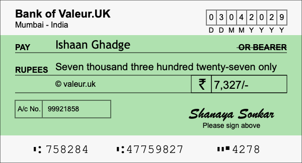 How to write a cheque for 7,327 rupees
