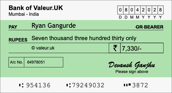 How to write a cheque for 7,330 rupees