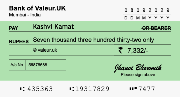 How to write a cheque for 7,332 rupees