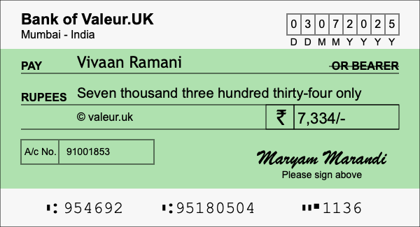 How to write a cheque for 7,334 rupees
