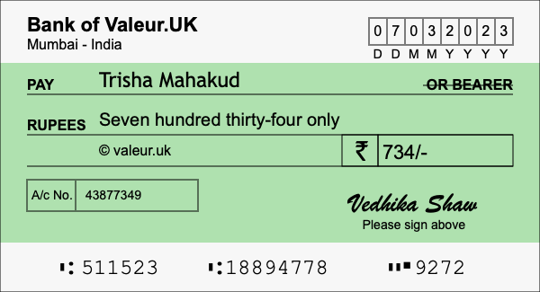 How to write a cheque for 734 rupees