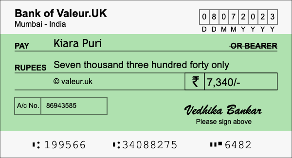 How to write a cheque for 7,340 rupees How to write a cheque for 7,340 rupees