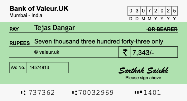 How to write a cheque for 7,343 rupees