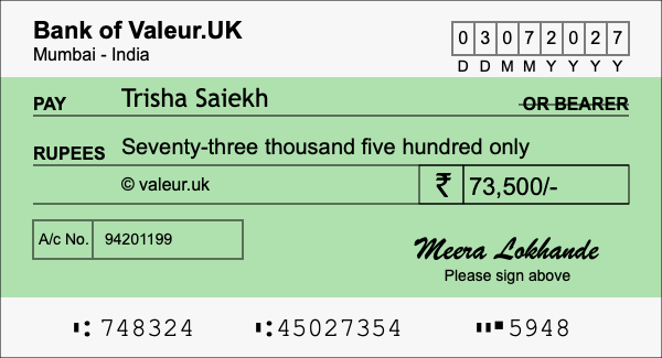 How to write a cheque for 73,500 rupees How to write a cheque for 73,500 rupees