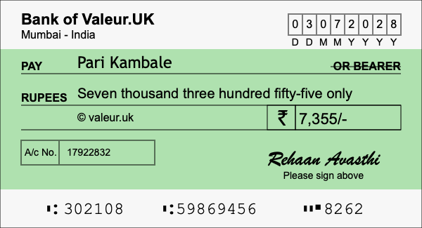 How to write a cheque for 7,355 rupees