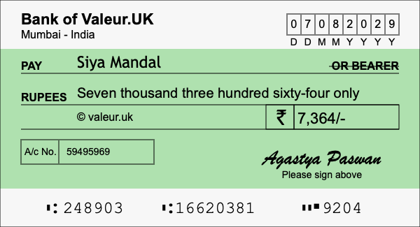How to write a cheque for 7,364 rupees How to write a cheque for 7,364 rupees