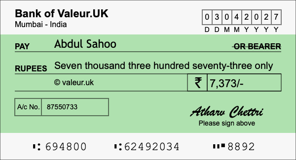 How to write a cheque for 7,373 rupees How to write a cheque for 7,373 rupees