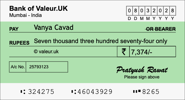 How to write a cheque for 7,374 rupees How to write a cheque for 7,374 rupees