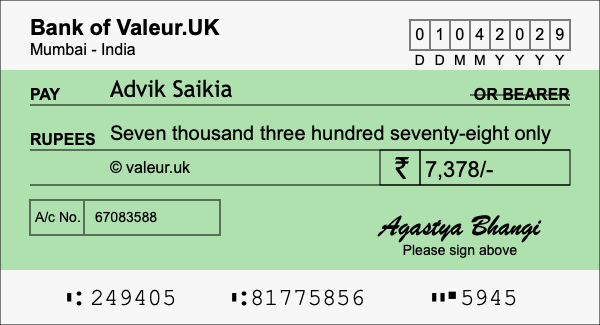 How to write a cheque for 7,378 rupees How to write a cheque for 7,378 rupees