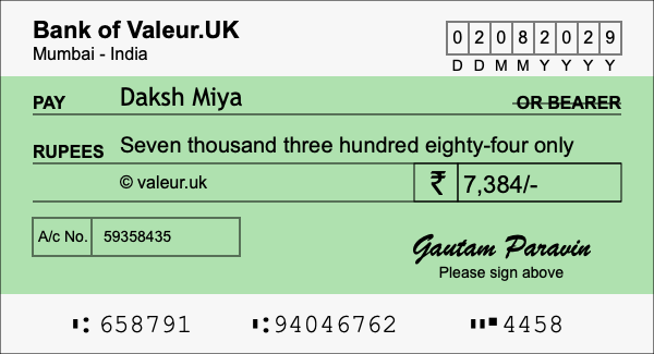 How to write a cheque for 7,384 rupees How to write a cheque for 7,384 rupees