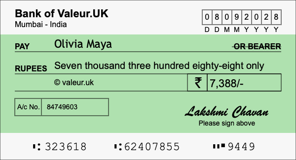 How to write a cheque for 7,388 rupees