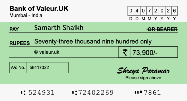 How to write a cheque for 73,900 rupees