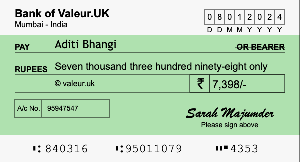How to write a cheque for 7,398 rupees