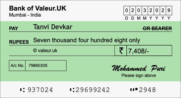 How to write a cheque for 7,408 rupees