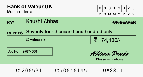 How to write a cheque for 74,100 rupees