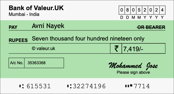 How to write a cheque for 7,419 rupees