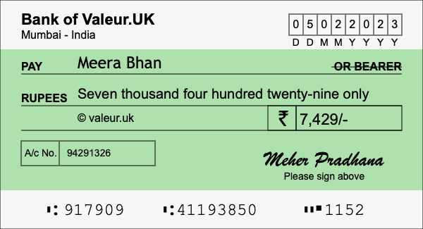 How to write a cheque for 7,429 rupees How to write a cheque for 7,429 rupees