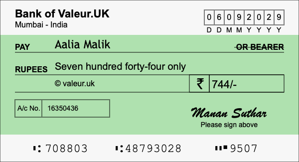 How to write a cheque for 744 rupees