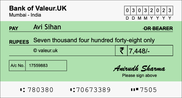 How to write a cheque for 7,448 rupees How to write a cheque for 7,448 rupees
