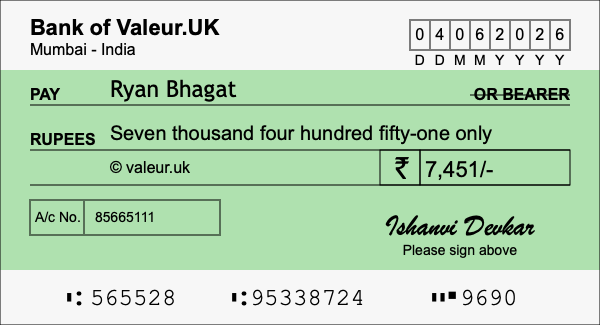 How to write a cheque for 7,451 rupees How to write a cheque for 7,451 rupees