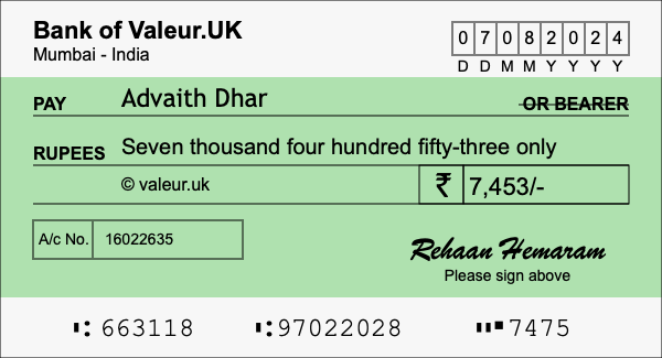 How to write a cheque for 7,453 rupees