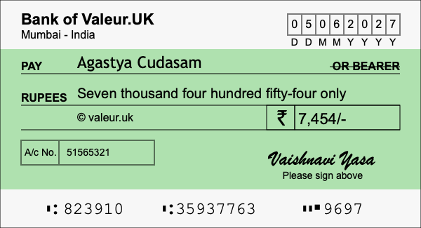 How to write a cheque for 7,454 rupees