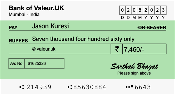 How to write a cheque for 7,460 rupees
