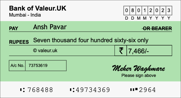 How to write a cheque for 7,466 rupees How to write a cheque for 7,466 rupees
