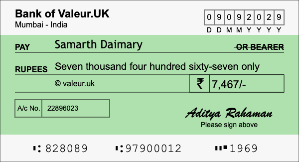 How to write a cheque for 7,467 rupees