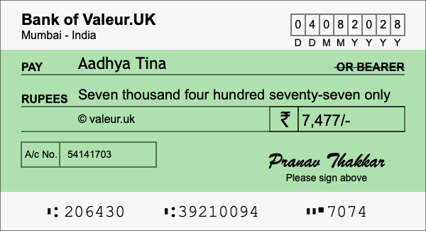 How to write a cheque for 7,477 rupees How to write a cheque for 7,477 rupees