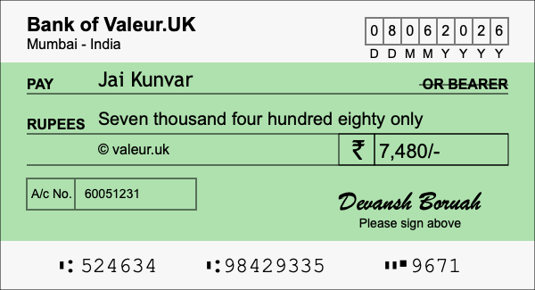 How to write a cheque for 7,480 rupees