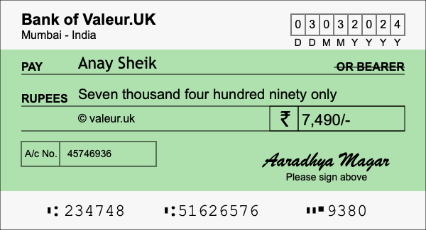 How to write a cheque for 7,490 rupees