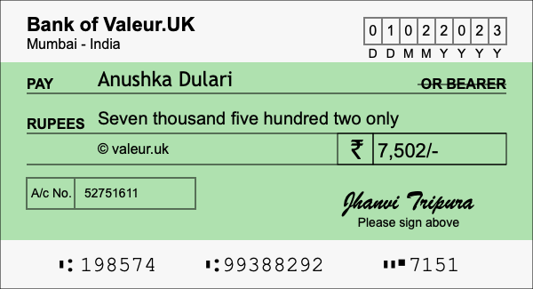 How to write a cheque for 7,502 rupees