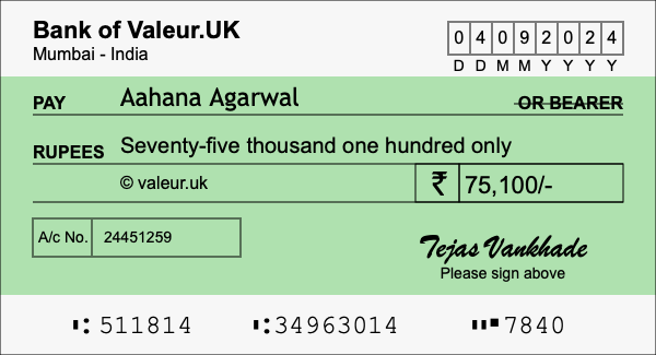 How to write a cheque for 75,100 rupees How to write a cheque for 75,100 rupees
