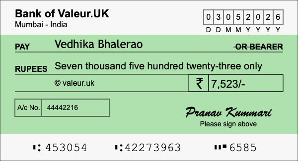 How to write a cheque for 7,523 rupees