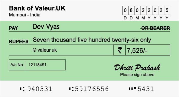 How to write a cheque for 7,526 rupees