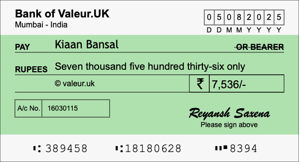 How to write a cheque for 7,536 rupees
