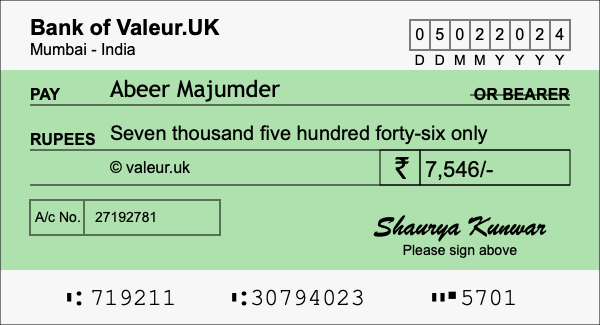 How to write a cheque for 7,546 rupees