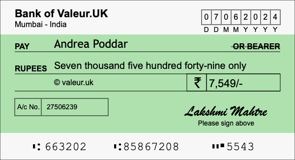 How to write a cheque for 7,549 rupees