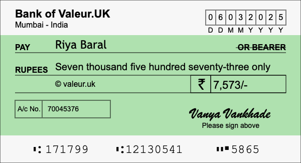 How to write a cheque for 7,573 rupees