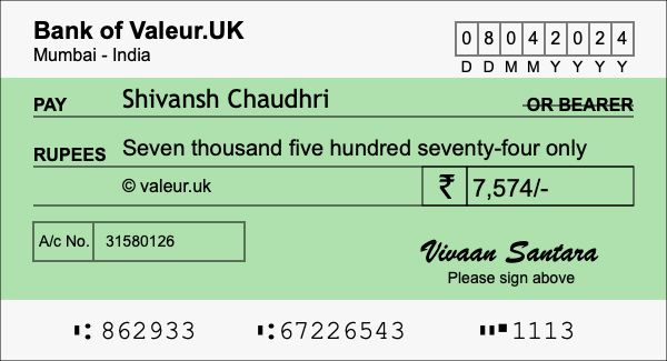 How to write a cheque for 7,574 rupees